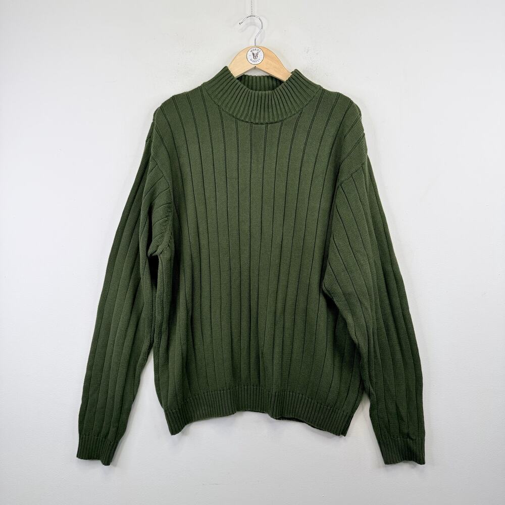 Oscar de la Renta Ribbed Sweater Mock Neck Mens XXL Olive Green Classic Preppy